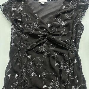Dressbarn Black Blouse with White Floral Embroidery
